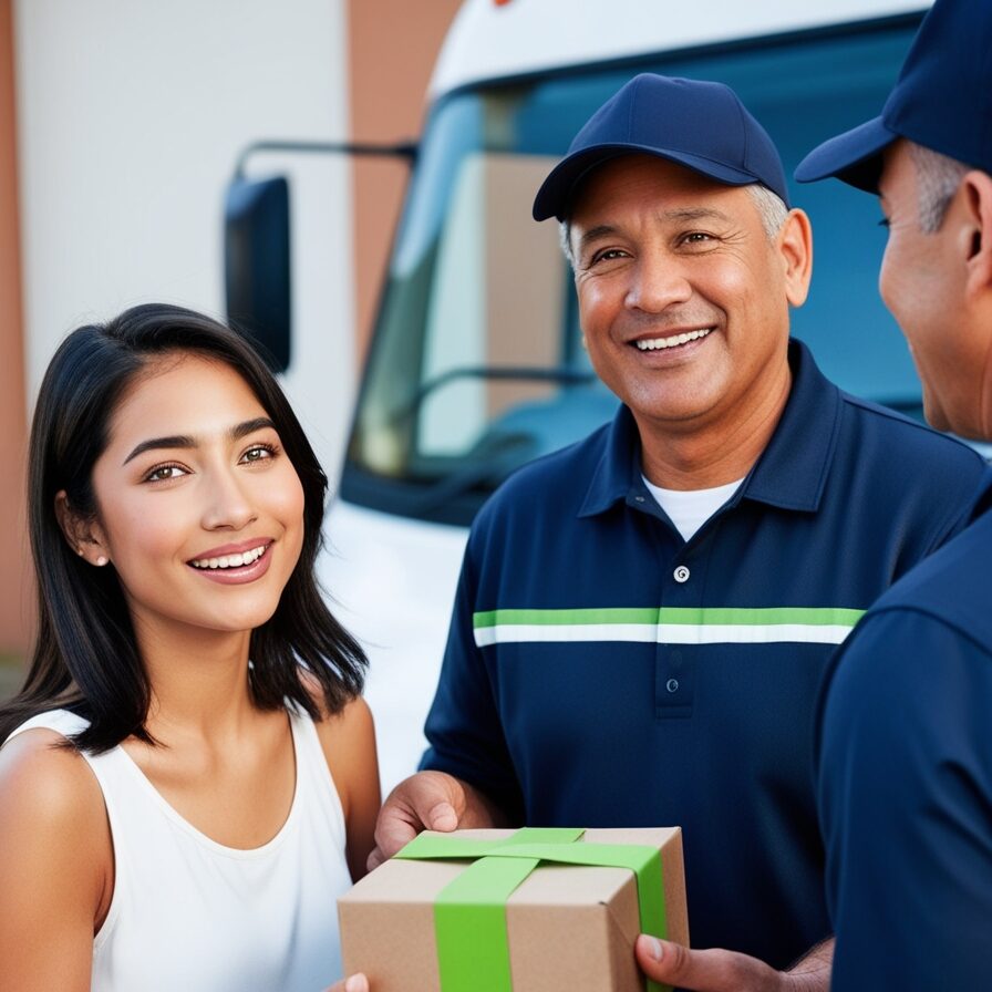 Clienta satisfecha esta recibiendo mercancía de un conductor de camión sonriente, ambos mostrando felicidad por una entrega segura y puntual