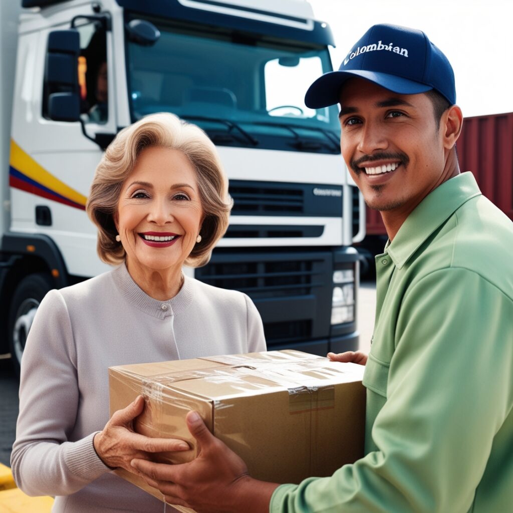 Clienta satisfecha esta recibiendo mercancía de un conductor de camión sonriente, ambos mostrando felicidad por una entrega segura y puntual